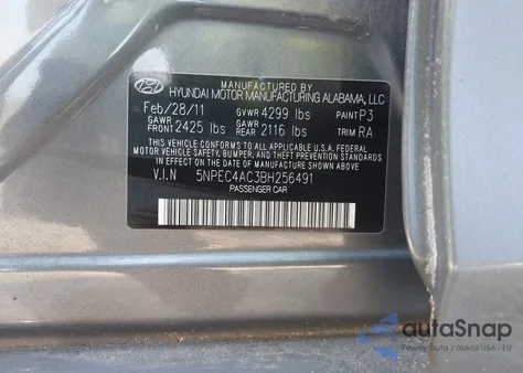 2011 Hyundai Sonata Se/Limited из США, поврежденный, VIN 5NPEC4AC3BH256491